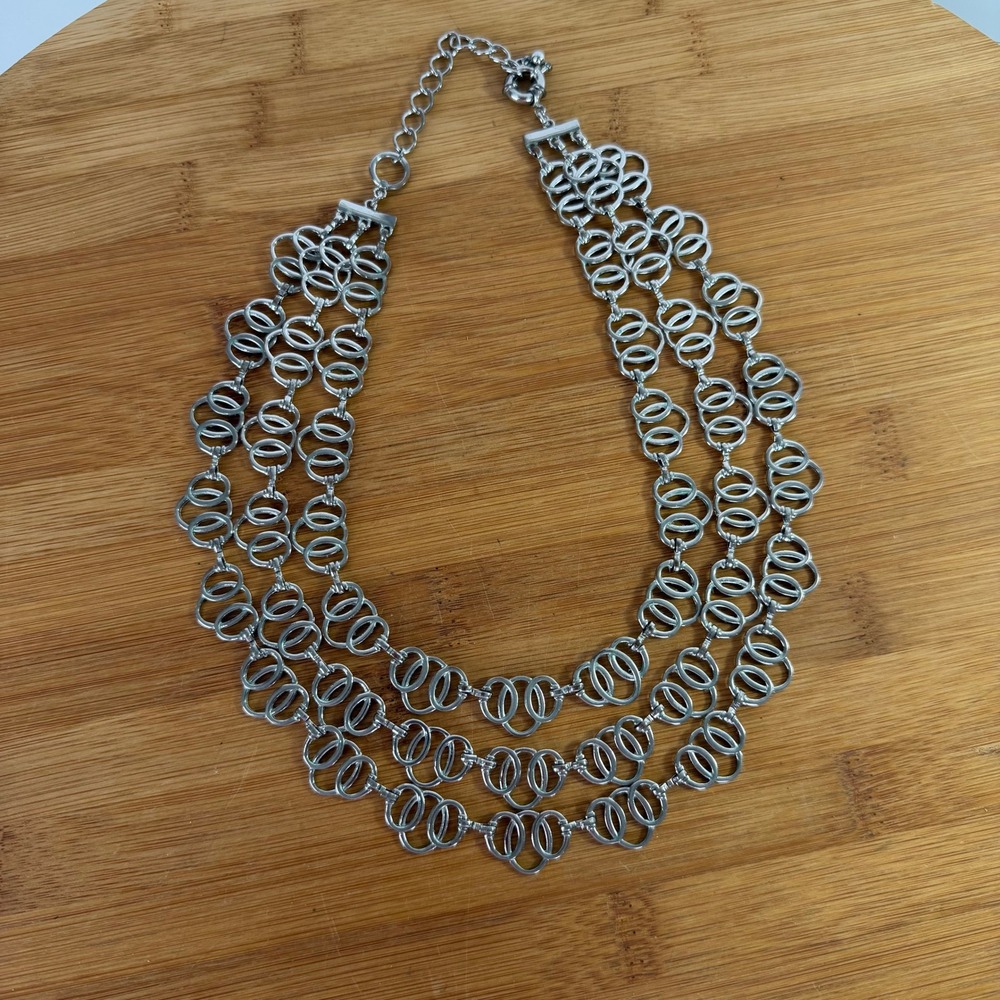 Silver Tone Triple Strand Interlocking Ring Statement Bib Necklace Adjustable
